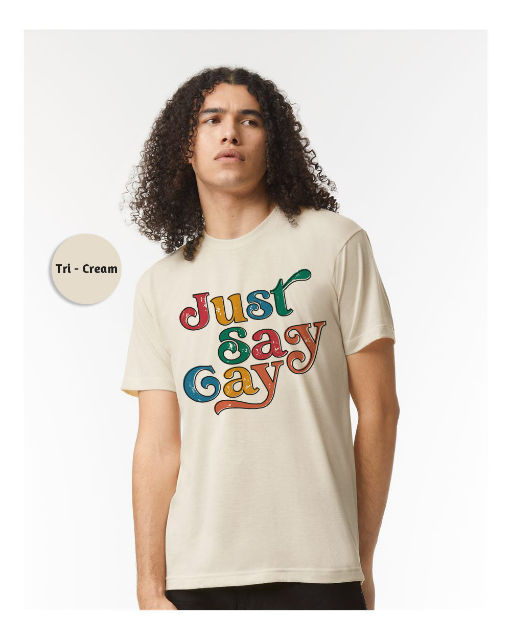 a man wearing a t - shirt that says just gay gay