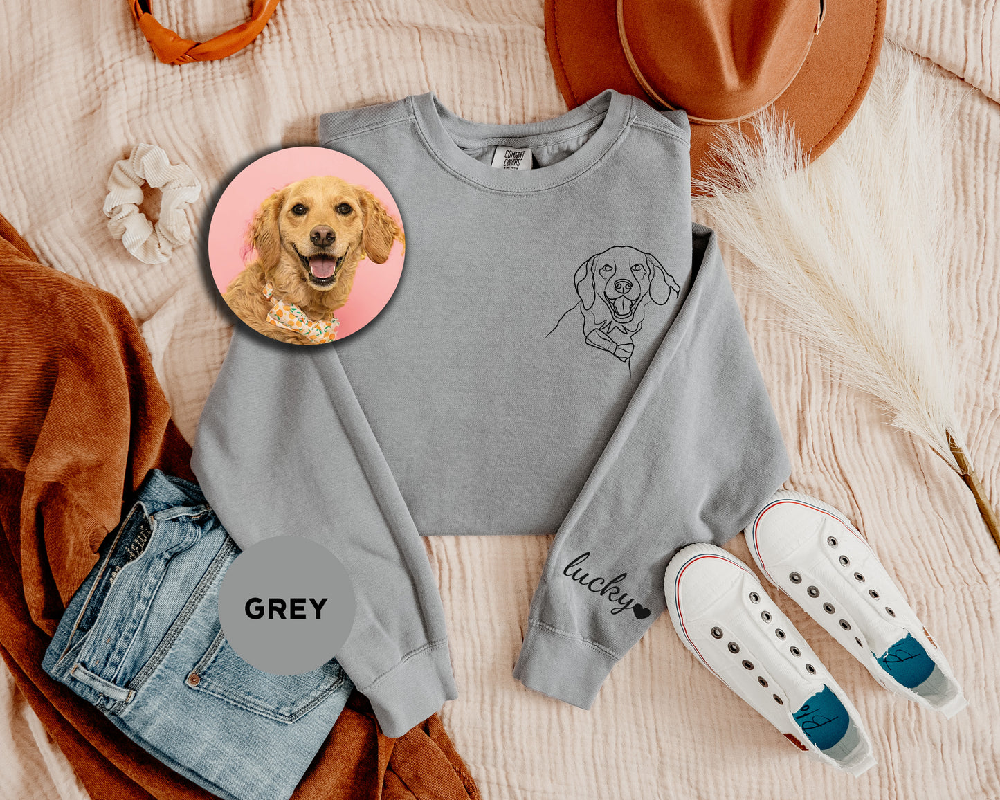 a gray shirt with a picture of a dog on it