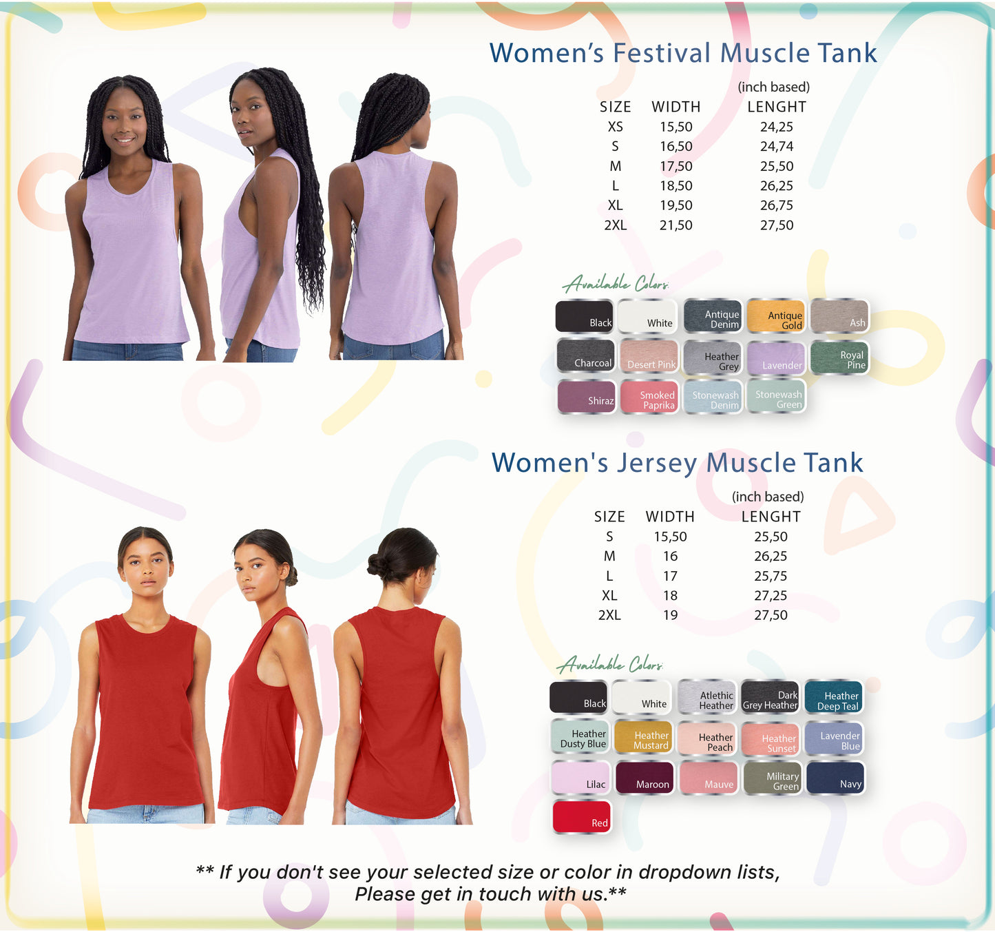 a women's jersey muscle tank with measurements