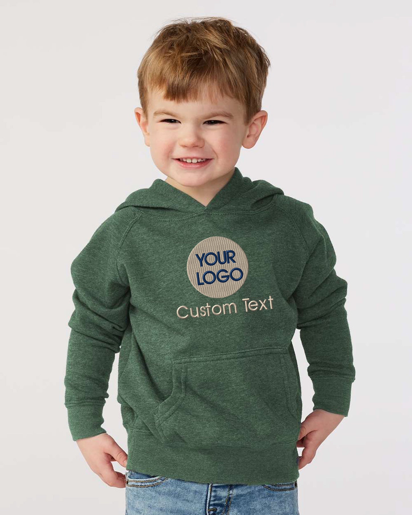 a young boy wearing a green hoodie with the words your logo on it