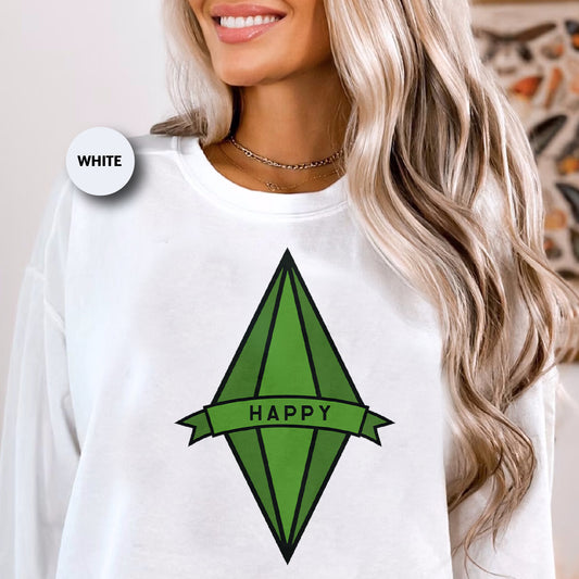 a woman wearing a white shirt with a green diamond on it