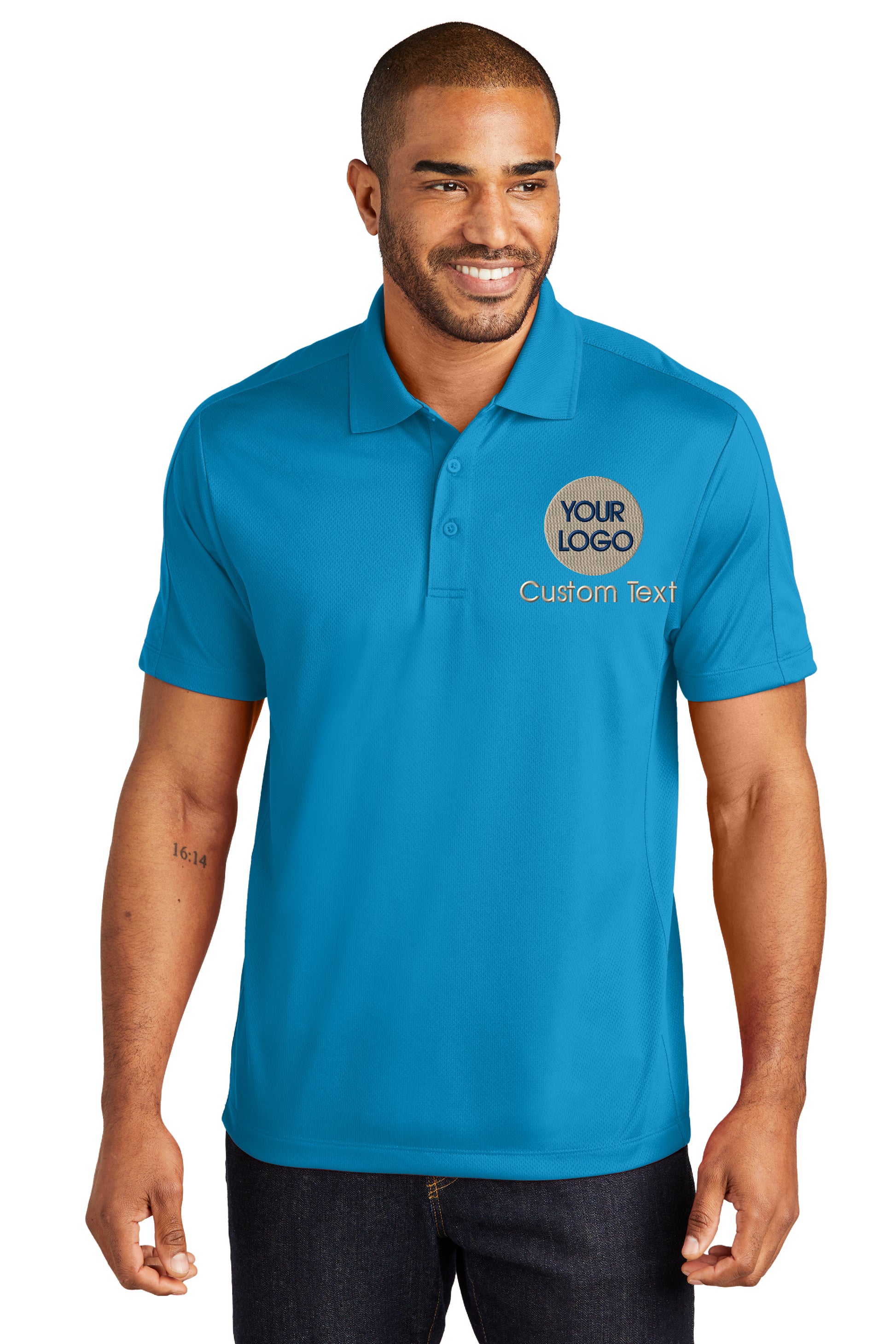 a man wearing a blue polo shirt that says your logo