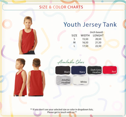 a young boy wearing a tank top with different colors