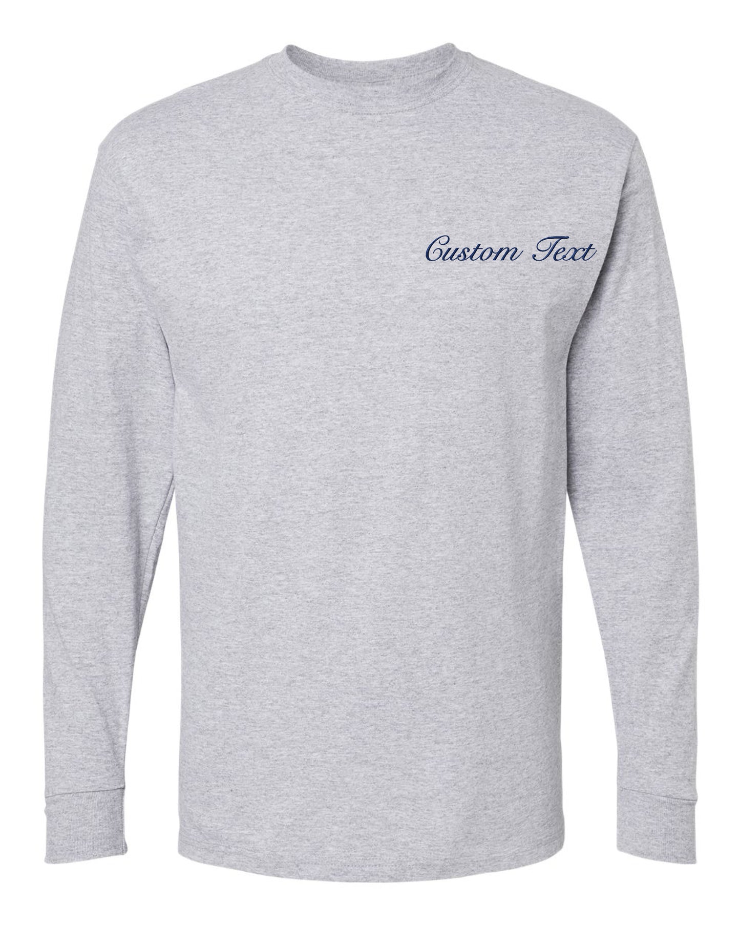 a gray long sleeve shirt with the words custom fit on it