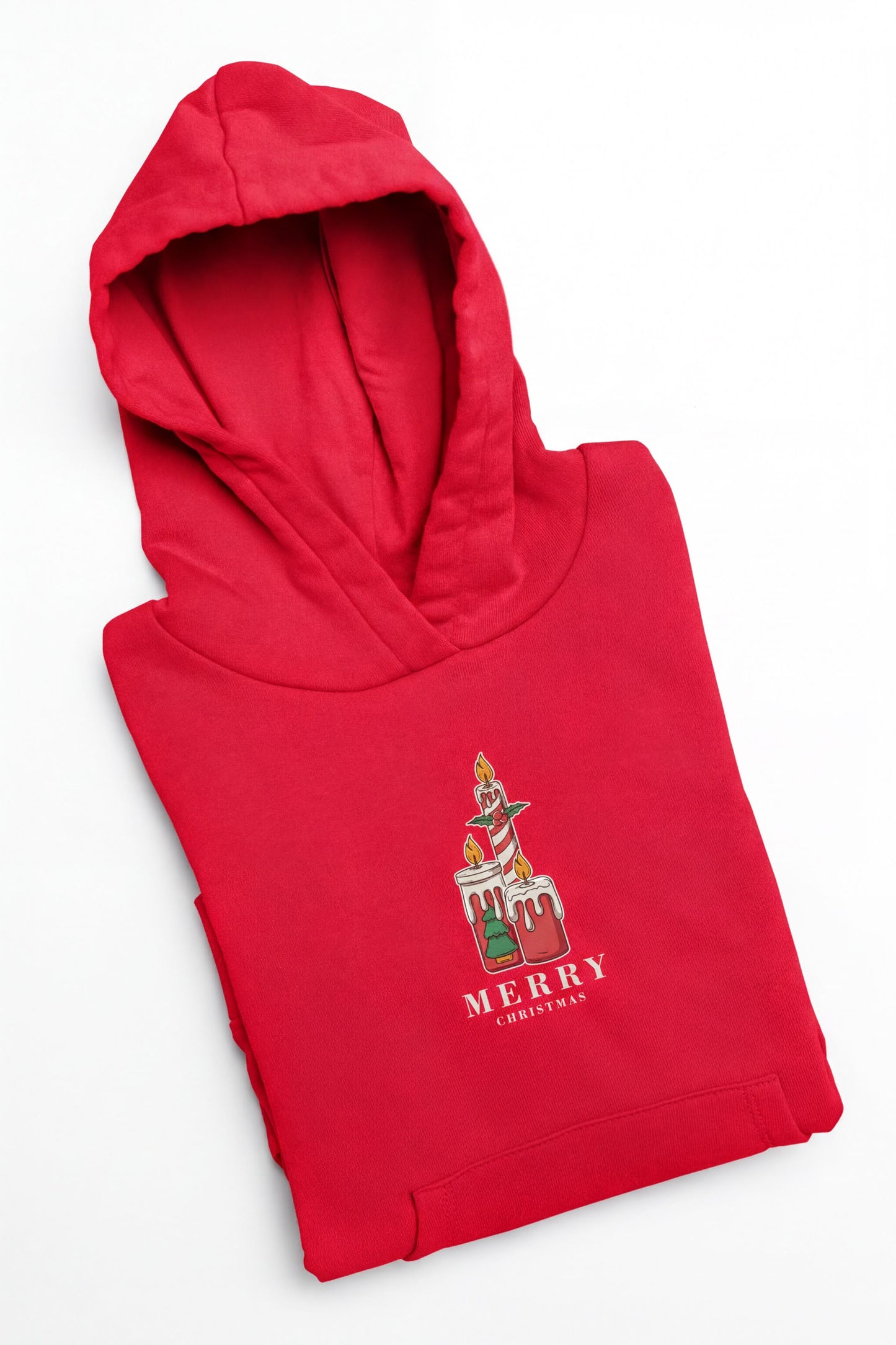 A red hoodie with a graphic design and the text "MERRY CHRISTMAS" printed on it.