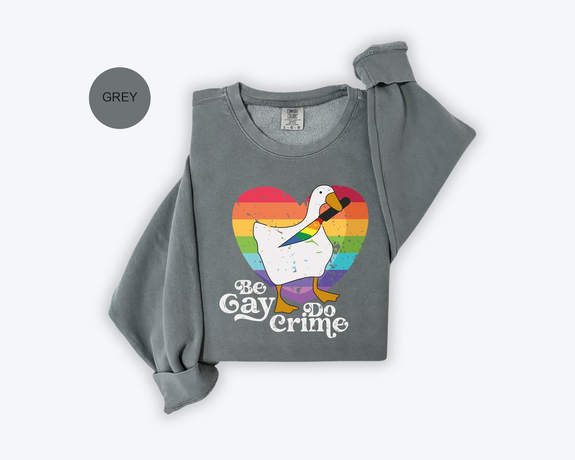 a gray shirt with a white duck on it