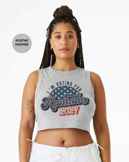 a woman wearing a crop top that says i am voting for kansas