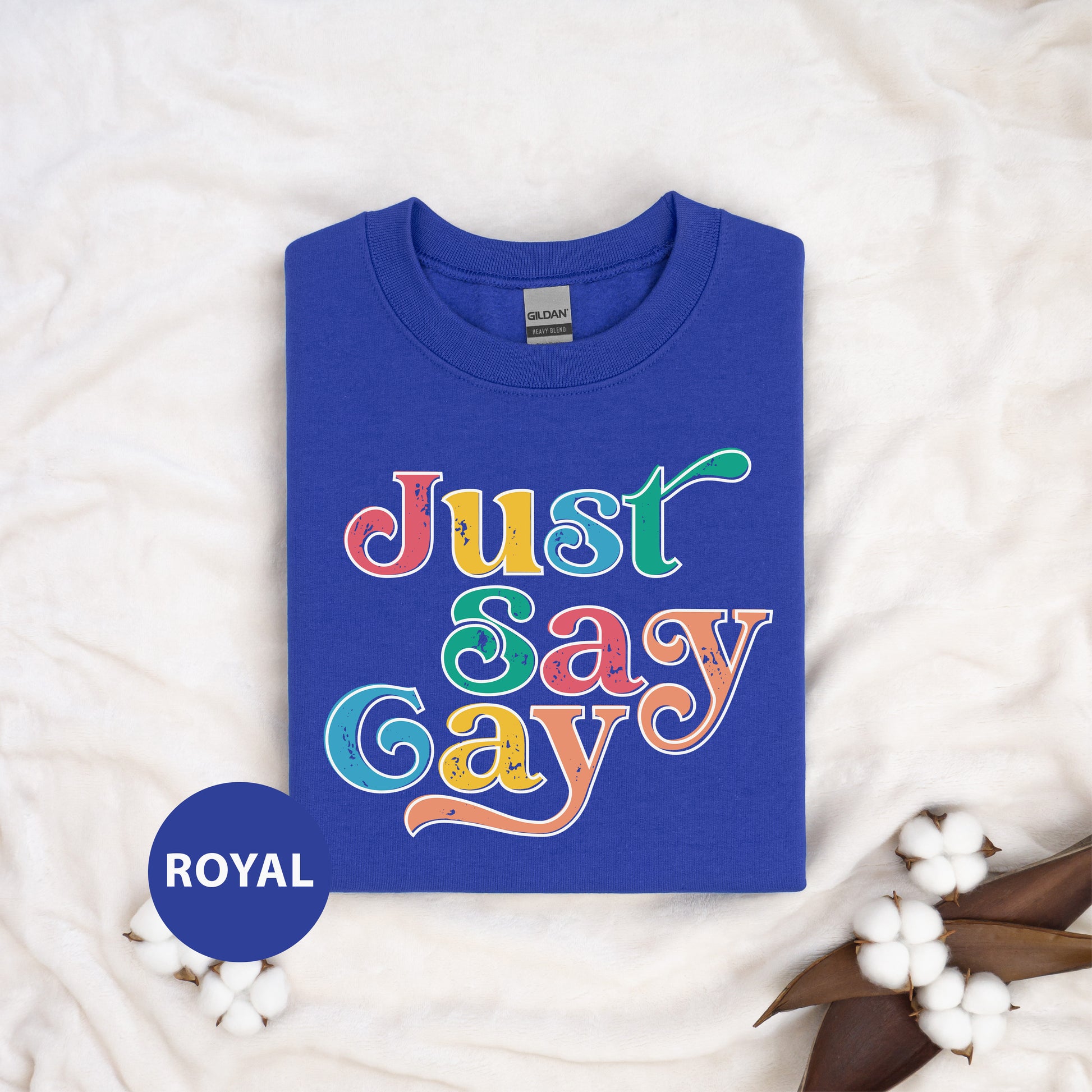 a blue t - shirt with the words just say gay on it