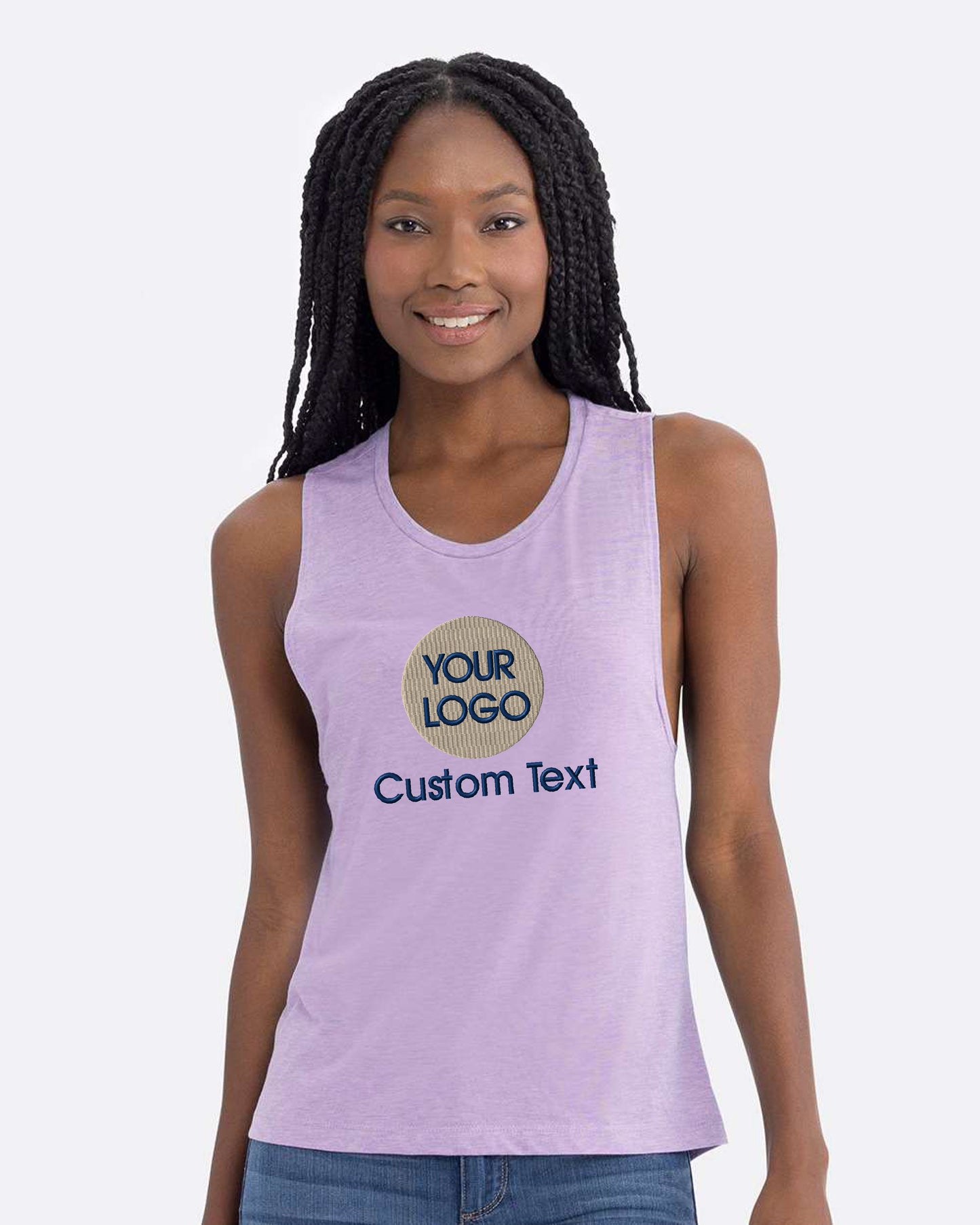 a woman wearing a purple tank top with the words your logo on it