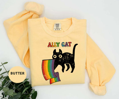 a yellow shirt with a black cat on it