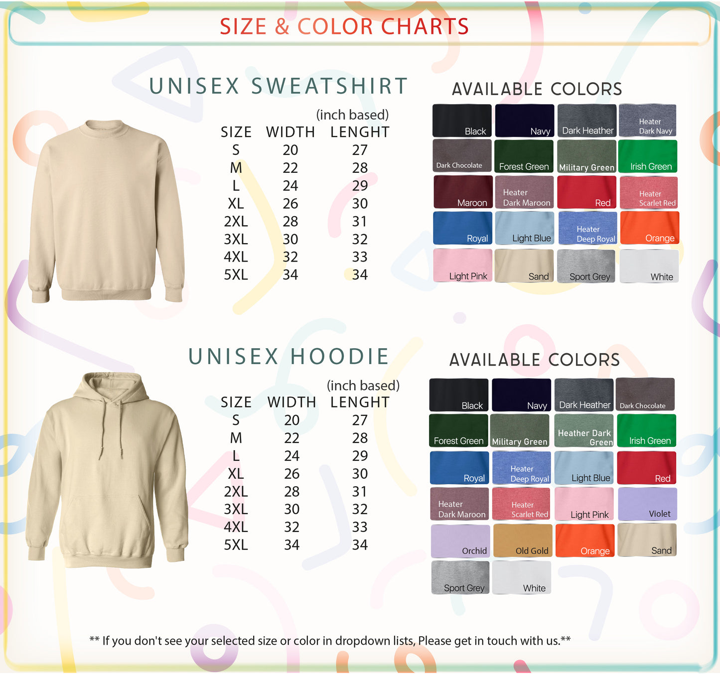 a women&#39;s hoodie with a size and color chart