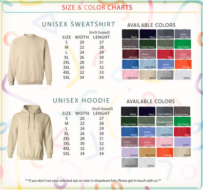 a women&#39;s hoodie with a size and color chart