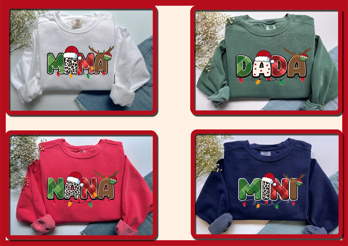 The image is a collage of four images, each featuring a sweater with the word "MANI" printed on it. The sweaters are in different colors, including white, green, pink, and blue.
