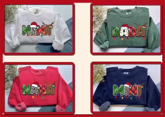 The image is a collage of four images, each featuring a sweater with the word "MANI" printed on it. The sweaters are in different colors, including white, green, pink, and blue.
