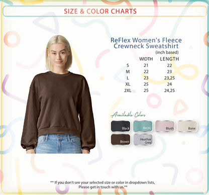 a woman wearing a brown crew neck sweater, with a size and color chart provided.