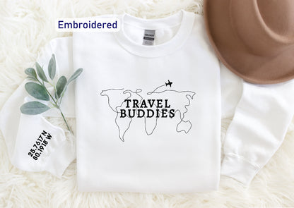 a white shirt with the words travel buddies printed on it