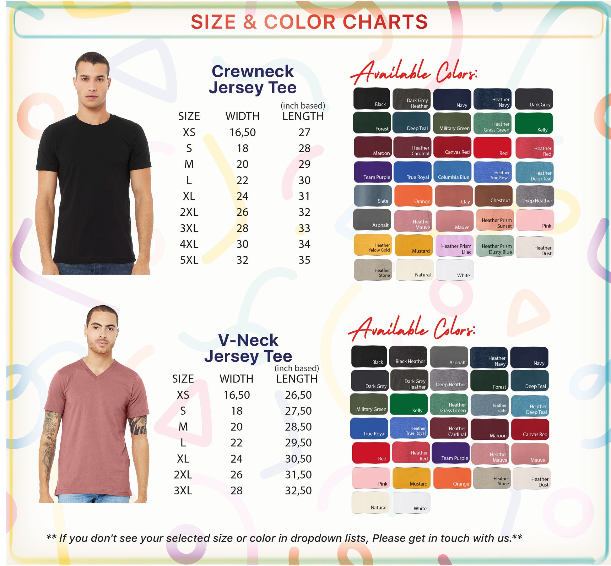 a size and color chart for a crew neck jersey tee and a v-neck tee, with various color options available. The chart provides a visual representation of the different sizes and colors available for each type of tee.