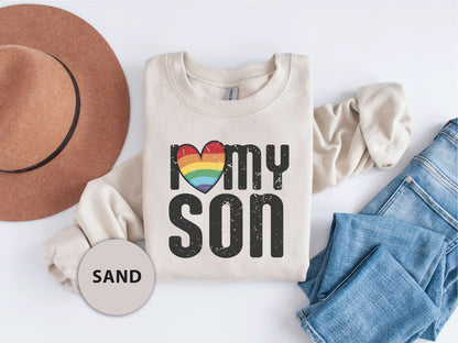 a t - shirt that says i love my son with a rainbow heart on it