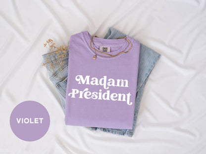 a purple shirt that says madam president on it