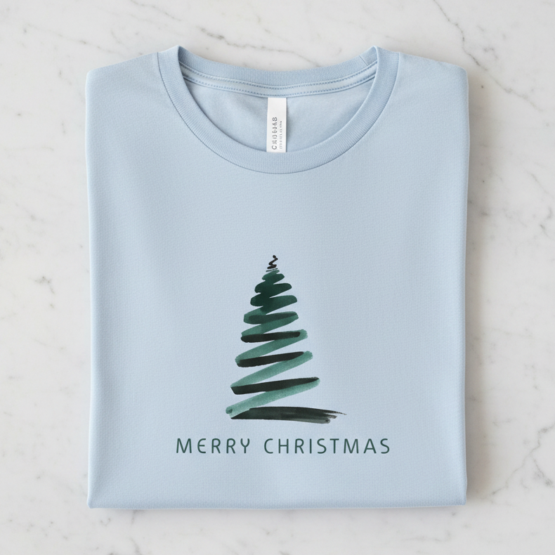 A light blue t-shirt with a Christmas tree design and the text "MERRY CHRISTMAS" printed on it.
