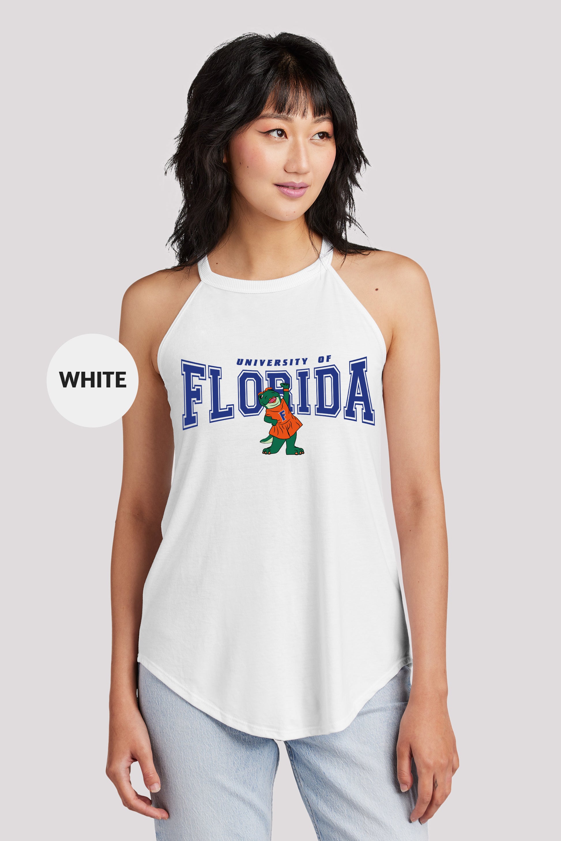 a woman wearing a white florida tank top