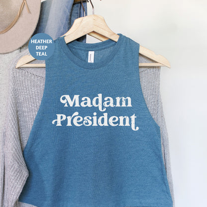 a blue tank top that says madam president