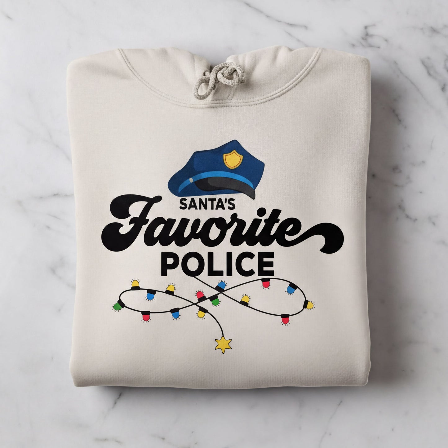 A white hoodie with a graphic design featuring a police officer's hat and the text "Santa's Favorite Police" along with colorful lights.