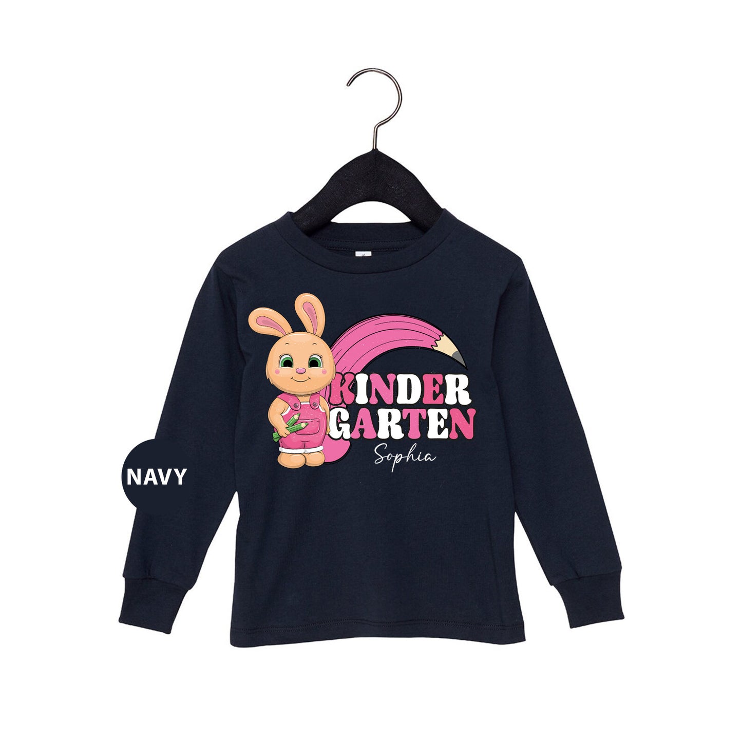 a little girl's navy shirt with a bunny on it