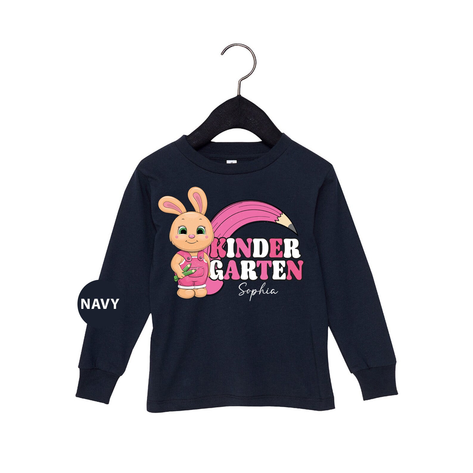 a little girl's navy shirt with a bunny on it