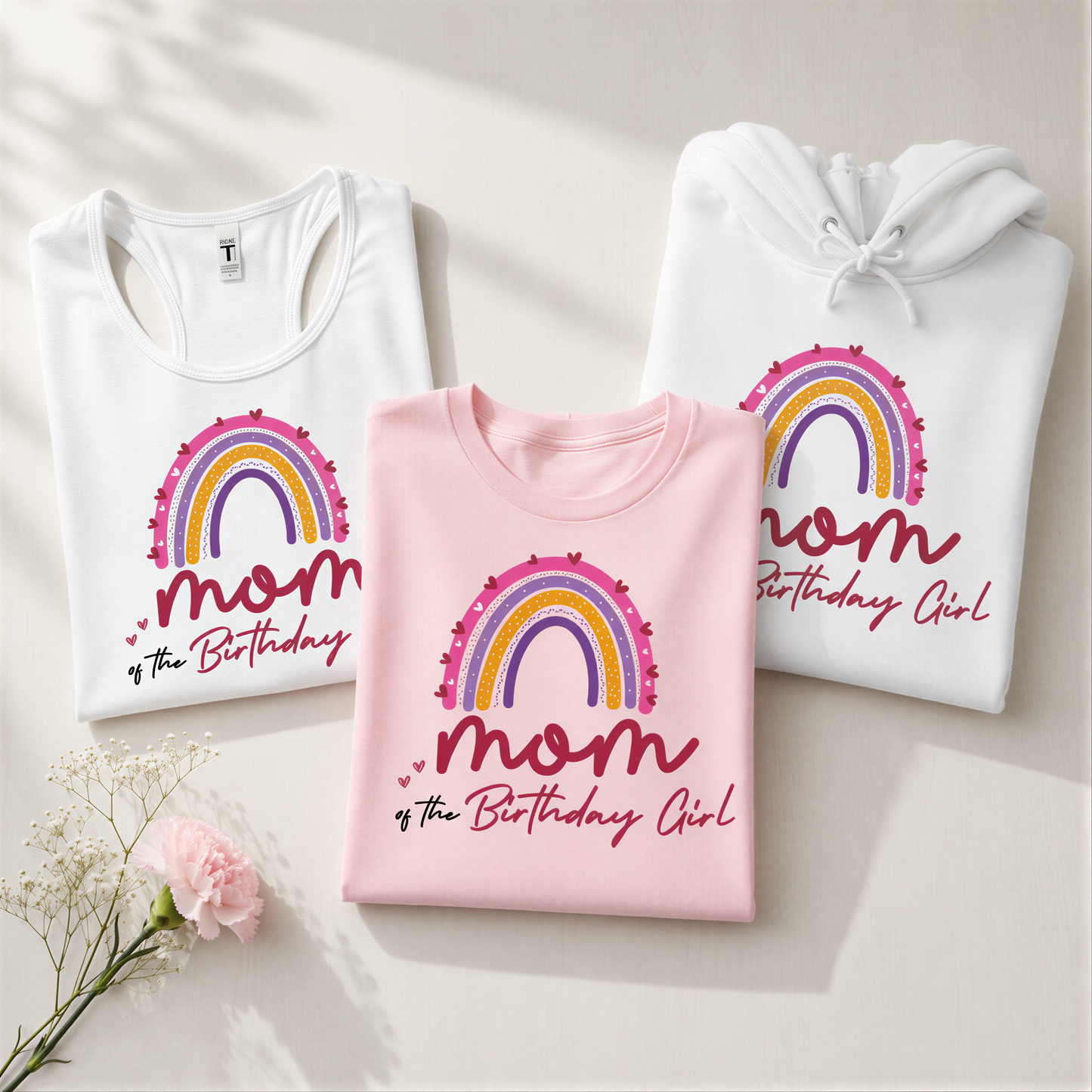 three shirts with the text "Mom of the Birthday Girl" printed on them, along with a rainbow graphic. The shirts are arranged on a white background, and there is a small pink flower in the bottom left corner.
