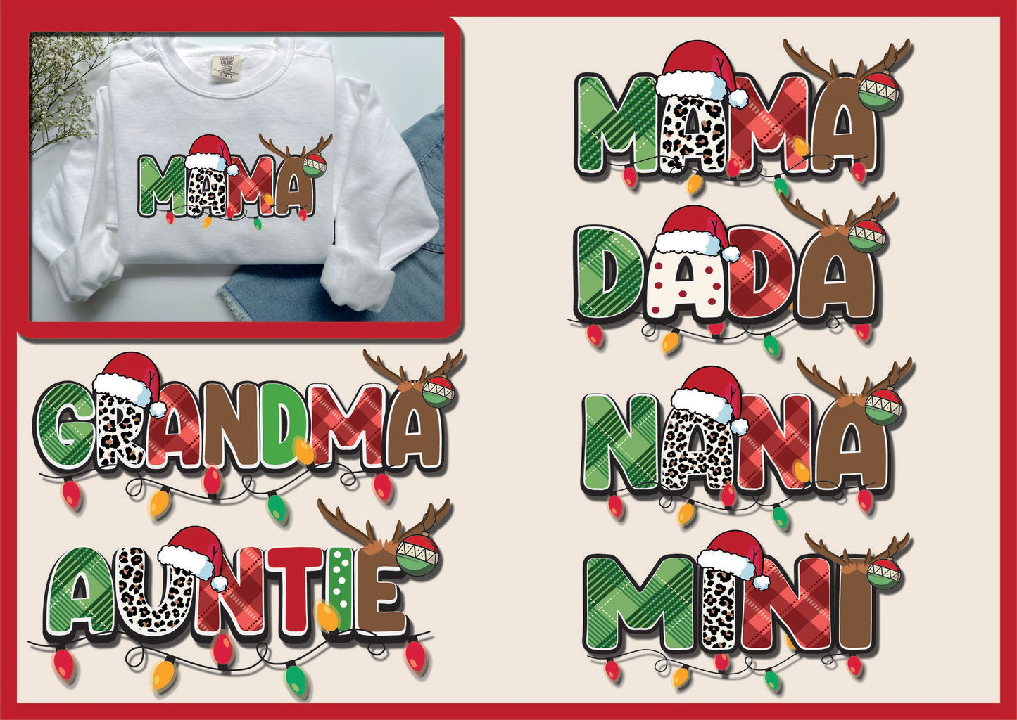 various Christmas-themed text designs, including the names "Mama", "Grandma", "Nana", "Grandma", "Nana", and "Auntie", all with festive holiday elements such as reindeer and Christmas lights.