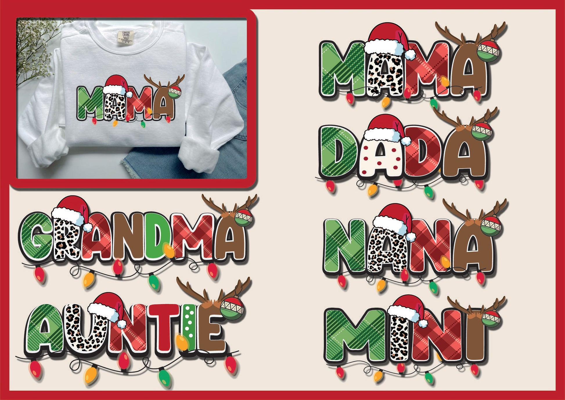 various Christmas-themed text designs, including the names "Mama", "Grandma", "Nana", "Grandma", "Nana", and "Auntie", all with festive holiday elements such as reindeer and Christmas lights.