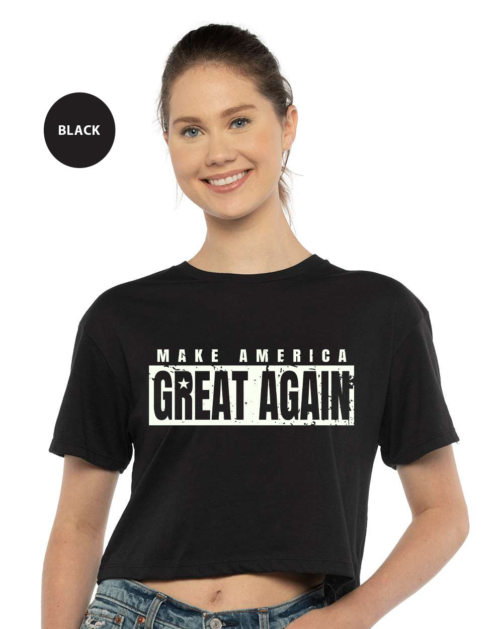 a woman wearing a black crop top that says make america great again