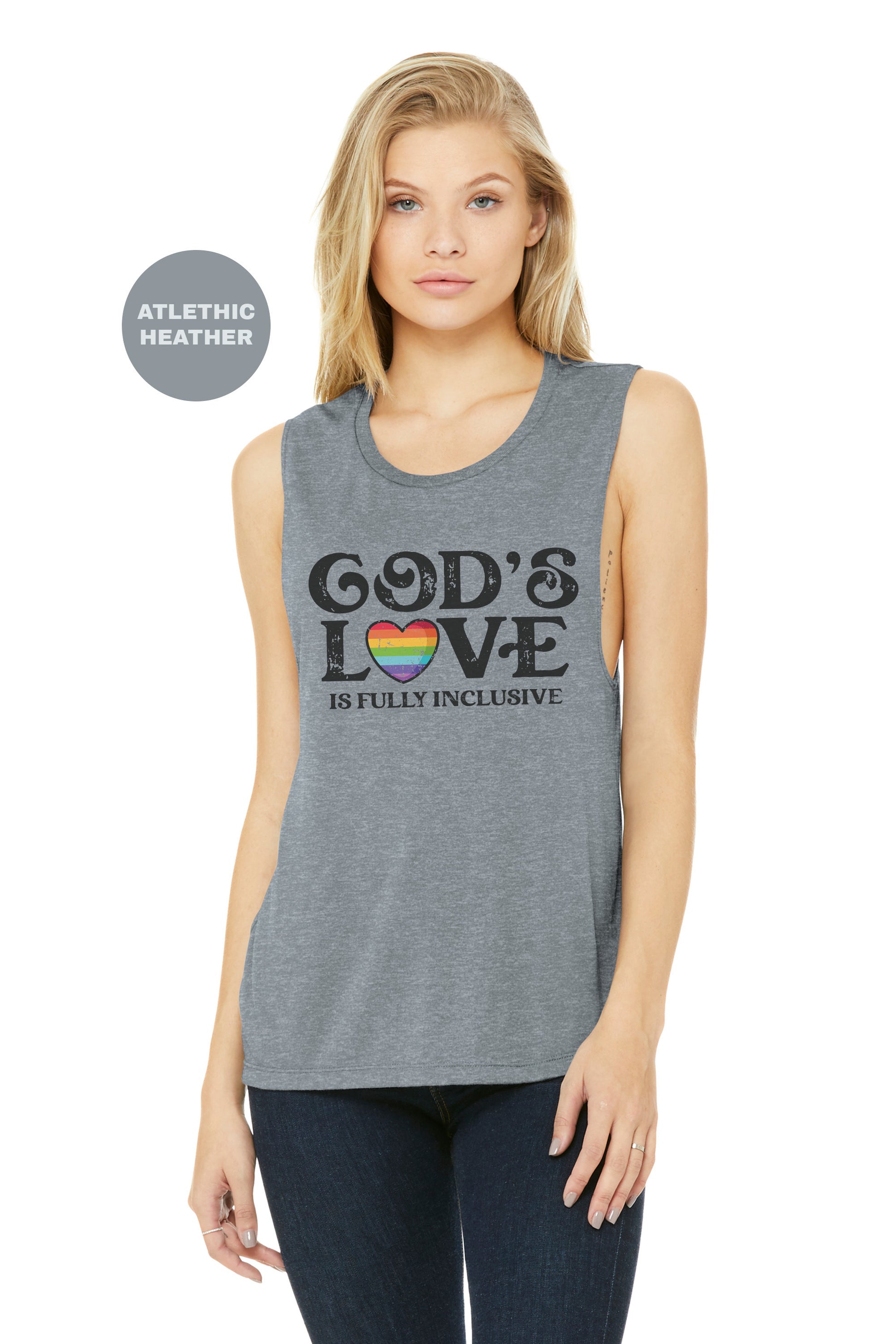 a woman wearing a tank top that says god's love