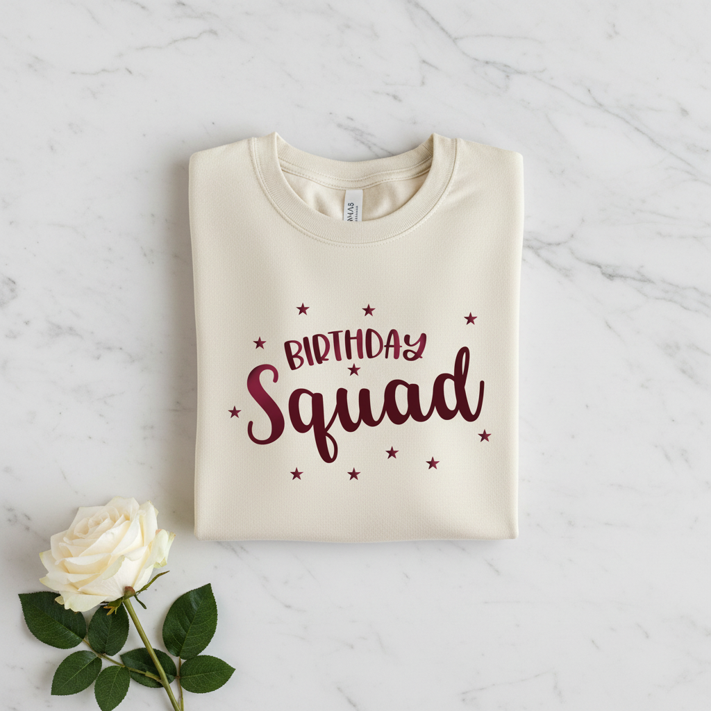 A white t-shirt with the text "Birthday Squad" printed on it, along with small red stars, is displayed on a marble surface next to a single white rose.