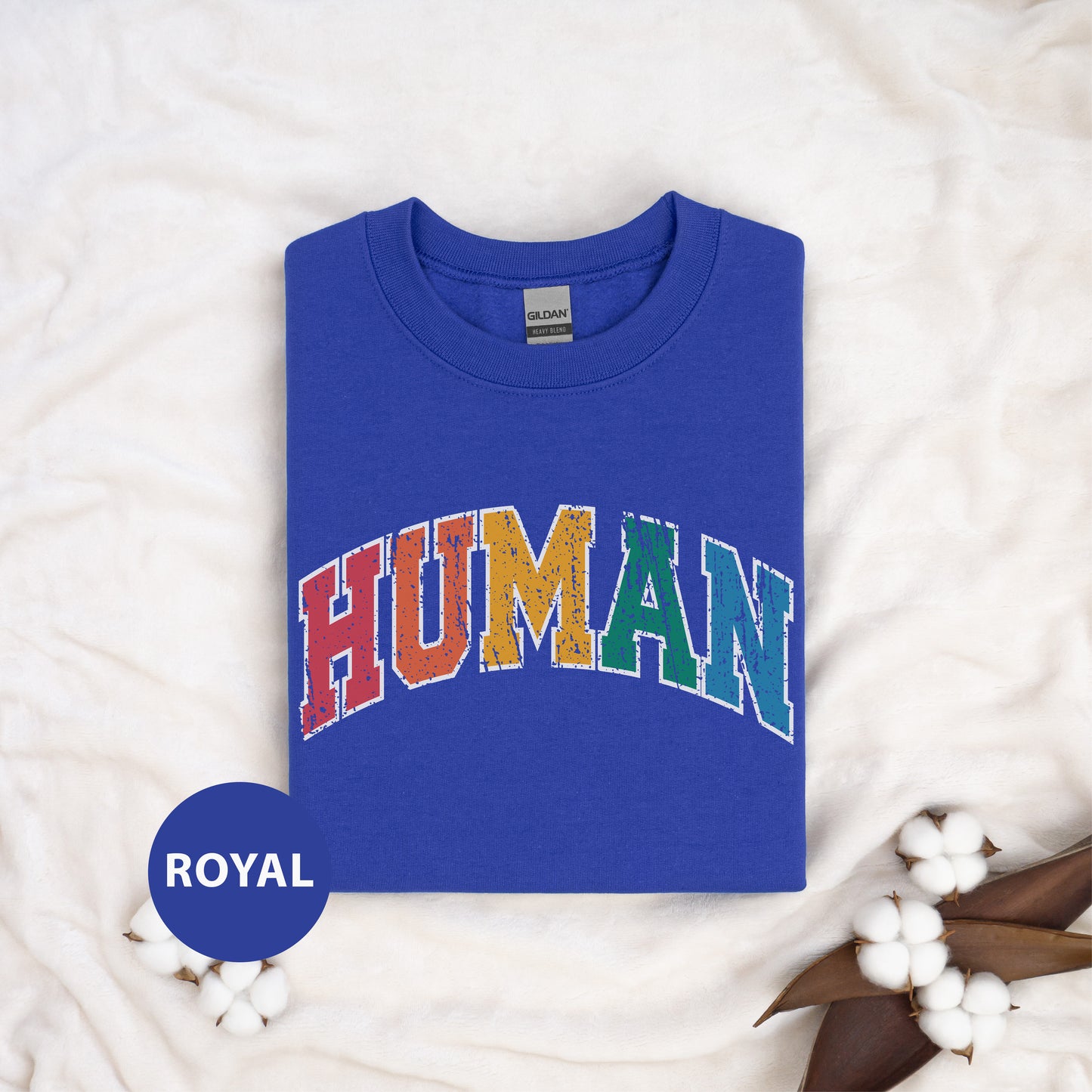 a blue shirt with the word human printed on it