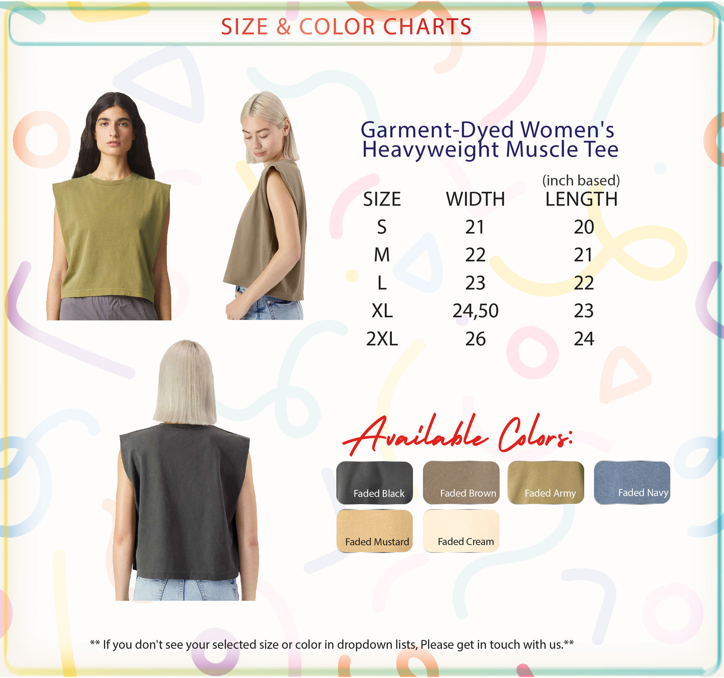 The image is a size and color chart for a garment-dye women's heavyweight muscle tee. It includes three different sizes and three different colors available for the tee.
