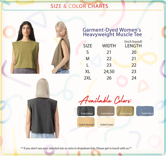 The image is a size and color chart for a garment-dye women's heavyweight muscle tee. It includes three different sizes and three different colors available for the tee.