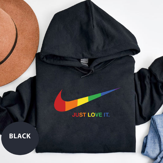 a black hoodie with the nike just love it logo on it