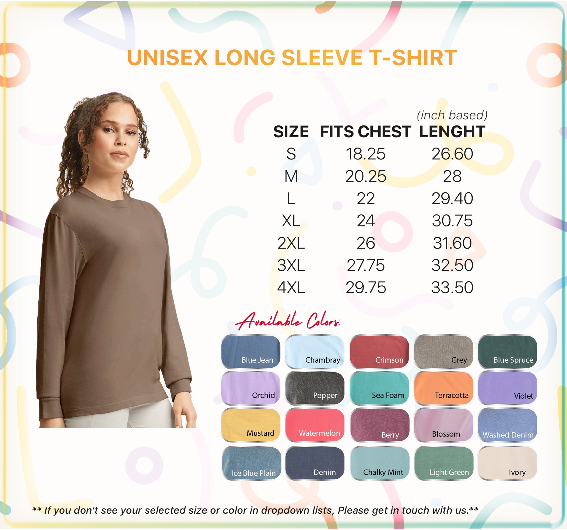 a women's long sleeve shirt with a size chart