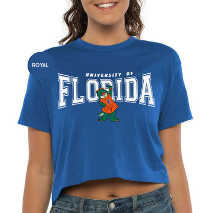 a woman wearing a blue shirt that says university of florida