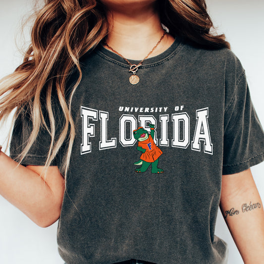 a woman with long hair wearing a shirt that says university of florida