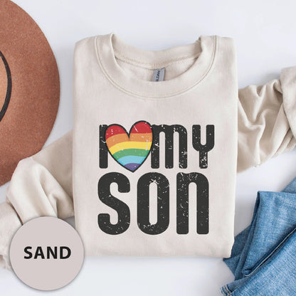 a t - shirt that says i love my son with a rainbow heart