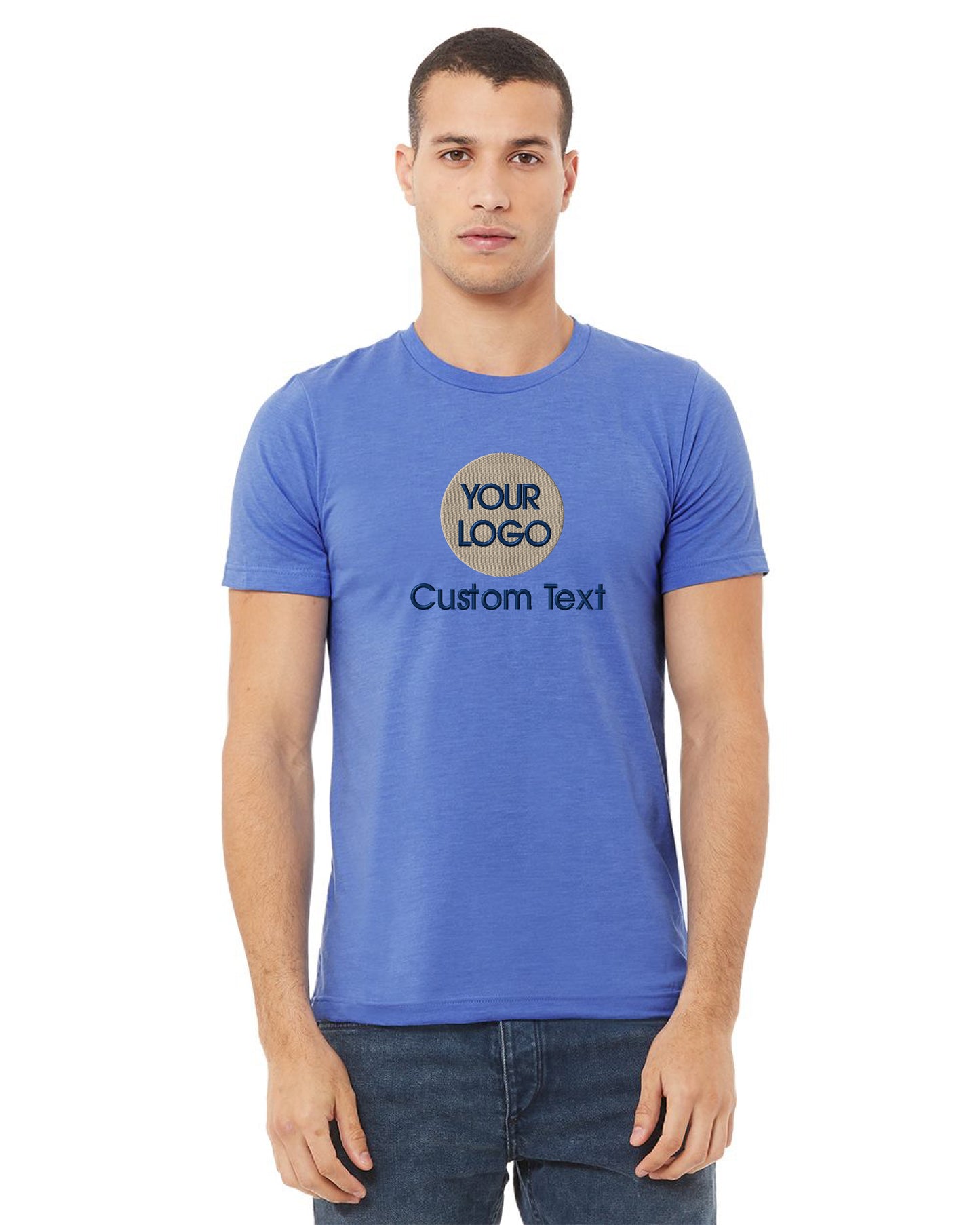 a man wearing a blue t - shirt with the words your logo on it