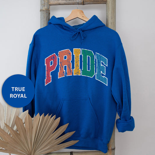 a blue hoodie with the word pride on it