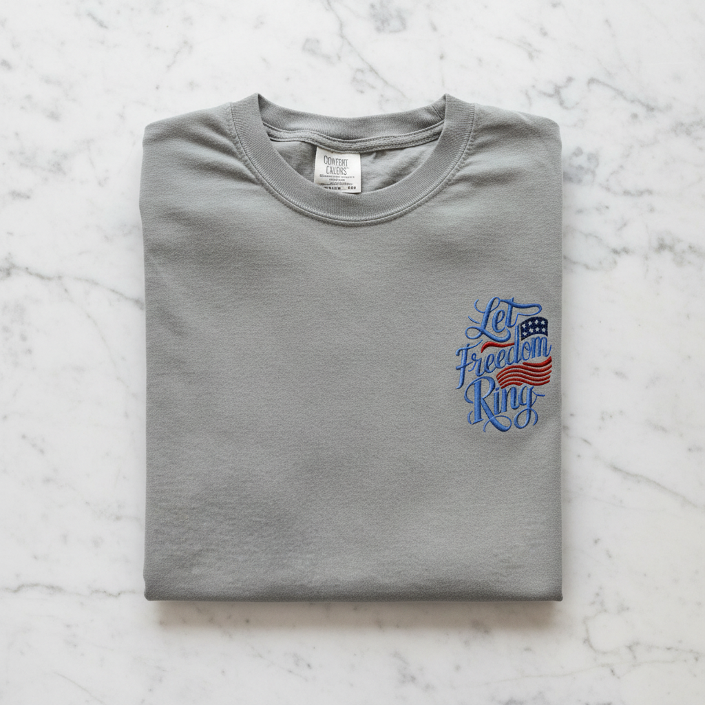 A gray t-shirt with a blue and red design on the left side, featuring the text "Let Freedom Ring" and an American flag.