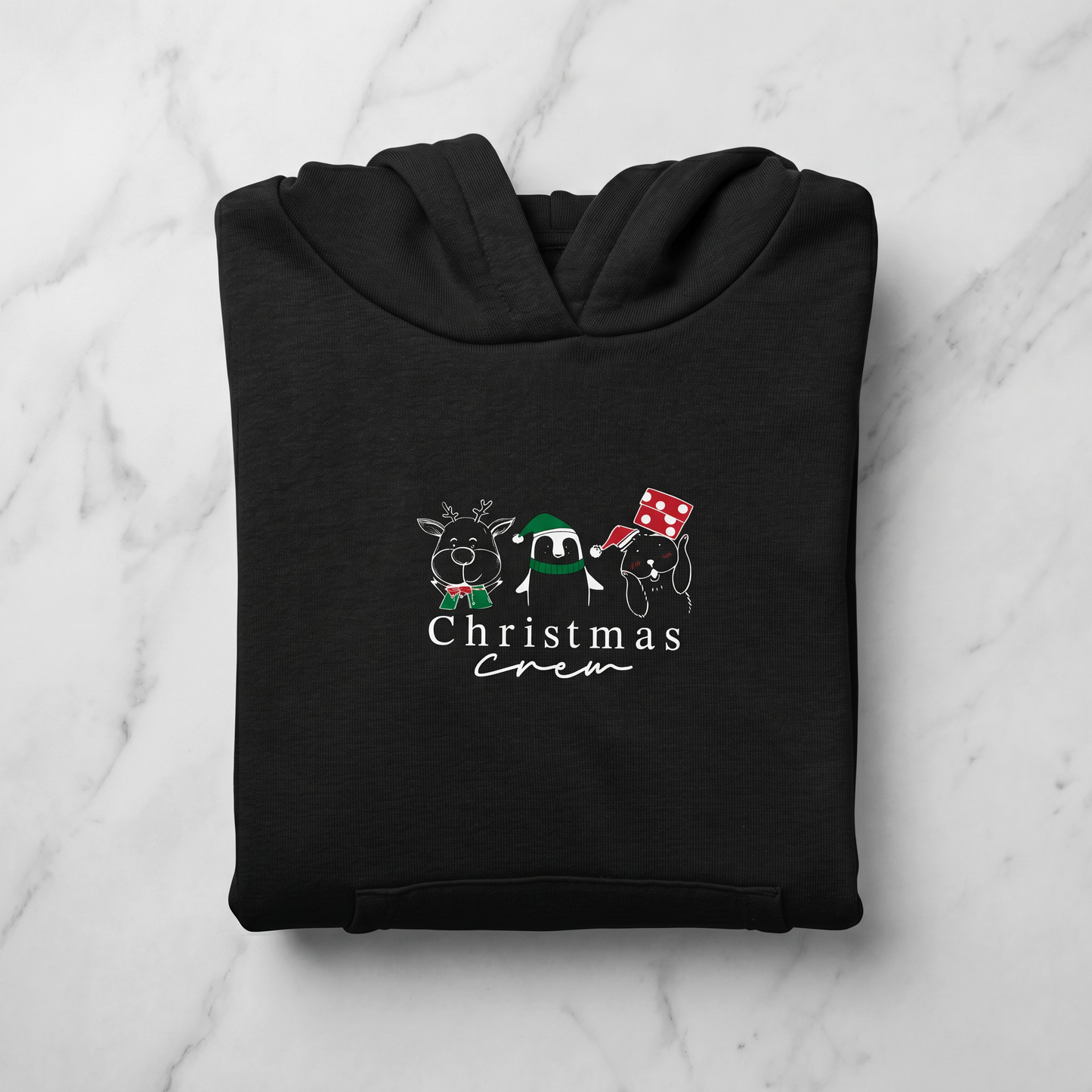 A black hoodie with a graphic design featuring three cartoon animal characters and the text "Christmas crew" printed on it.