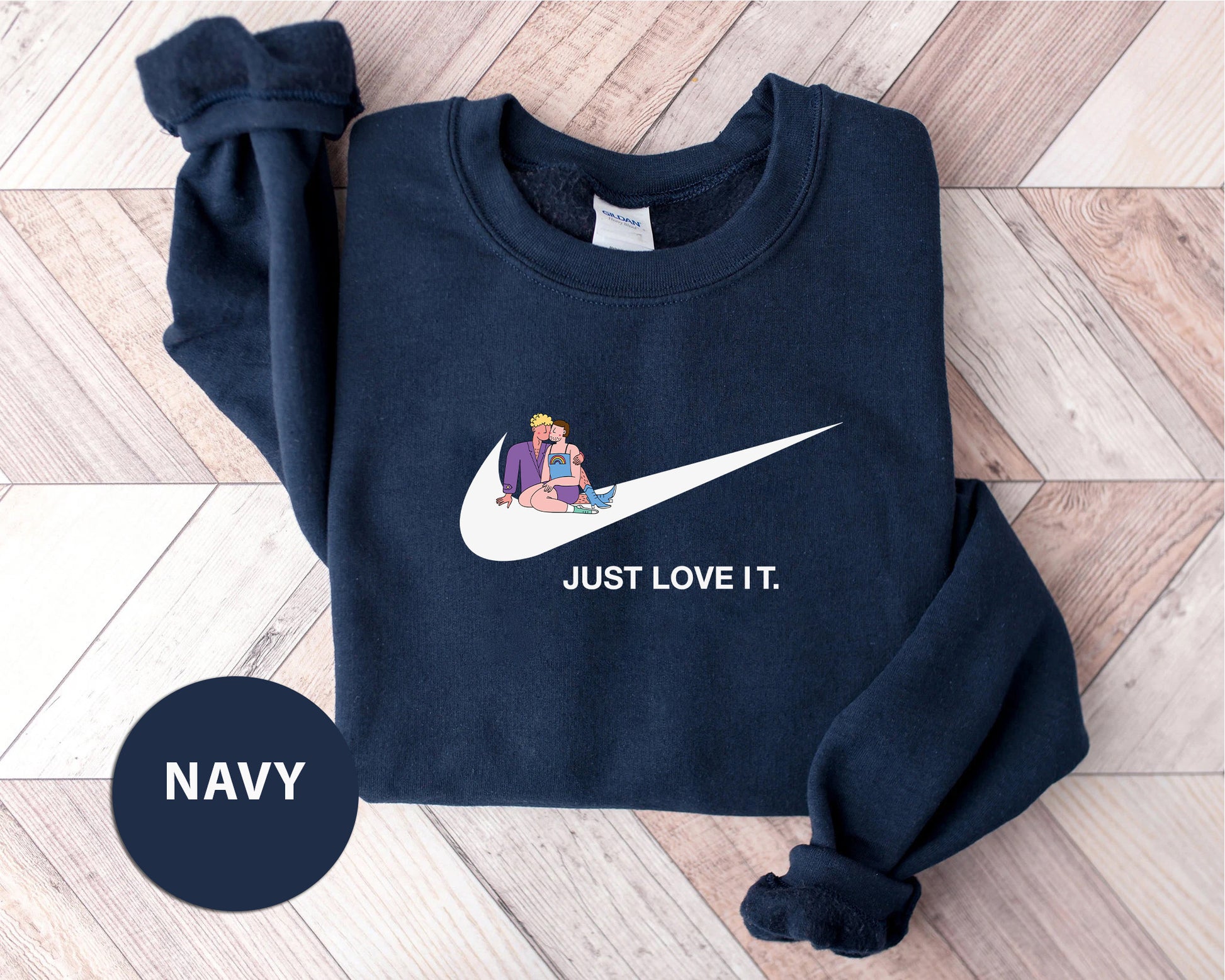 a navy sweatshirt with a picture of a couple on it