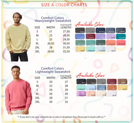 a size and color chart for a lightweight sweatshirt, with various color options available. The chart provides the size and corresponding color for each available color, including a list of available colors for different sizes. The chart also includes a section for a man wearing a pink sweatshirt, which is not described in the provided text.