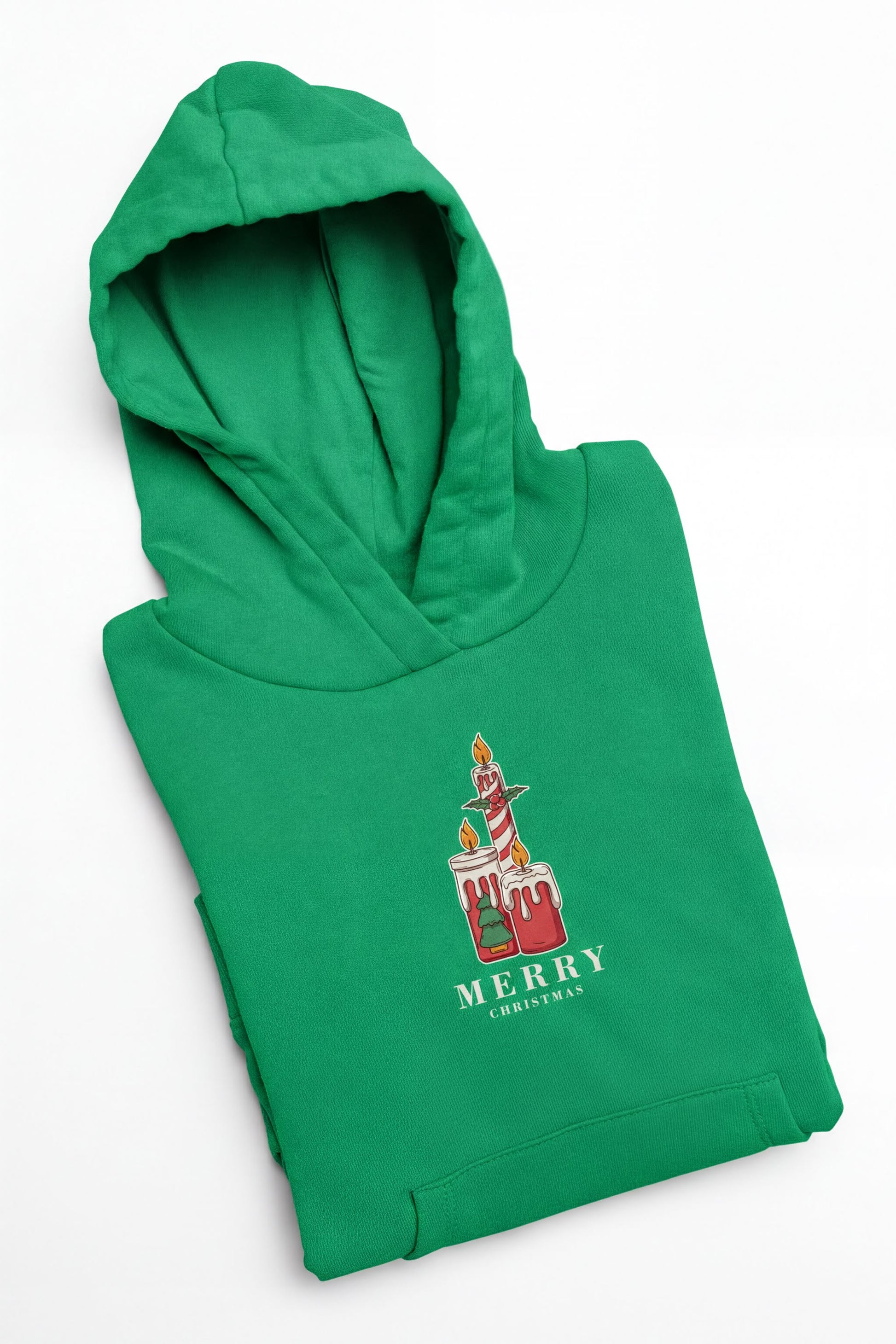 A green hoodie with a graphic design and text printed on it.